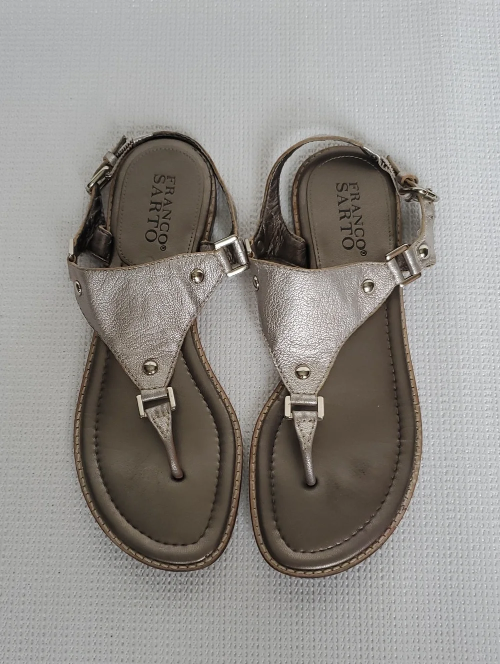 Franco Sarto Metallic Taupe Leather T-Strap Sandals